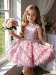 小女孩粉色蝴蝶结发带无袖优雅圣诞派对公主裙，女孩正式场合礼服，适合生日派对、舞会、婚礼、感恩节、毕业典礼等场合 - 粉色 - 查看 1