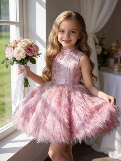 Young Girl Pink Bow Headband Sleeveless Elegant Christmas Party Princess Dress, Girls Formal Occasion Dress Suitable For Birthday Party, Prom, Wedding, Thanksgiving, Graduation