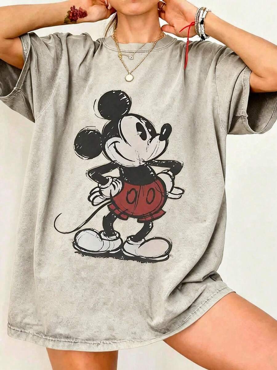 Disney UNIHLO   Mickey   Printed Summer Heavyweight Retro Washed Street Fashion Casual T-Shirt - Grey - View 1
