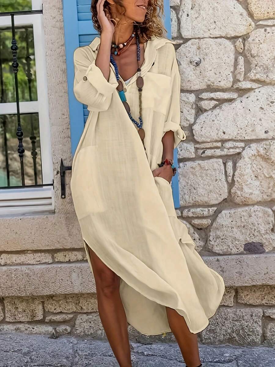 Vestido casual de manga larga con bolsillo y botón, de tela tejida elegante y bohemia de unicolor, para uso diario y playa, primavera/verano - Albaricoque - Ver 1