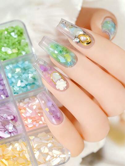 6 piezas de decoraciones de arte de uñas con rebanadas de nácar iridiscente mixto, piezas asimétricas naturales de conchas de aurora como accesorios para uñas