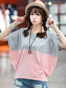 Tops verano versión coreana de las mujeres de gran tamaño suelta camisa de murciélago estudiante señoras camiseta de manga corta playeras de mujer - Rosa - Ver 1