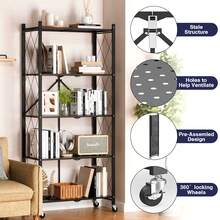 3/4/5 Tier Foldable Storage Shelves With Wheels, Large Capacity Shelving Unit, Freestanding Metal Wire Shelf Rack, No Assembly Organizer Rack For Garage Kitchen, Basement, Pantry(Black) - 黑色 - 查看 3