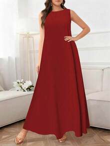 女士优雅纯色休闲圆领无袖宽松连衣裙，夏季 - 酒紅色 - 查看 4