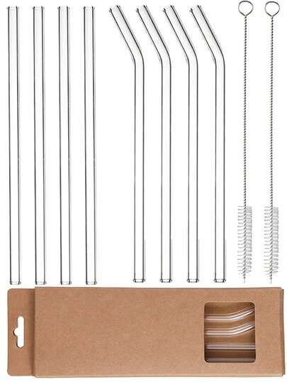 12 Pcs Glass Straws, Reusable Clear Glass Drinking Straws Set, 7.9 Inch X 8mm - Includes 4 Straight And 4 Bent With 2 Straw Cleaner Brush, Perfect For Smoothies, Milkshakes, Juice, Tea