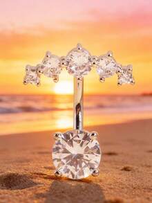 1pc Rhinestone Double Gem Navel Ring, Fashion Piercing Jewelry - Silver - View 7