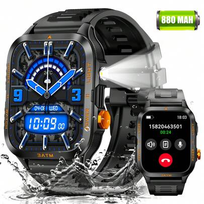 EIGIIS 新款男士智能手表（支持通话/拨号），1.96英寸高清大屏，坚固耐用的战术智能手表，带LED手电筒，880mAh电池，3ATM防水，支持健康与健身追踪、睡眠监测，适用于安卓系统