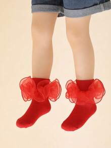 1 Pair Cotton Baby Girls' Socks With Big Lace Ruffle, Princess Ballet Dance Socks - Red - View 2