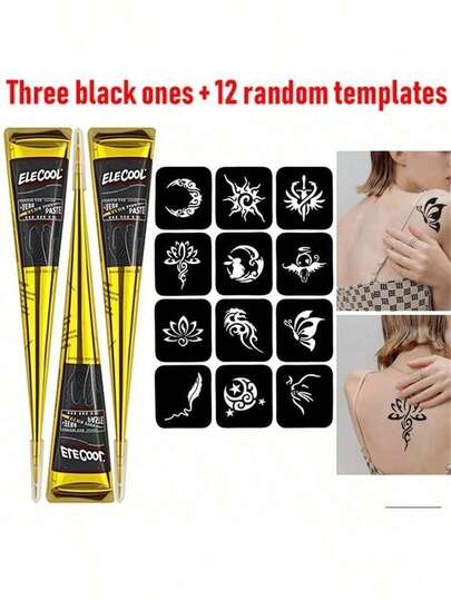 3 piezas de pasta de tatuaje de henna, marrón/negro/rojo, pasta de tatuaje de henna temporal, pasta de tatuaje de henna semi-permanente, pasta de tatuaje de henna resistente al agua, apta para arte corporal y pintura, fácil de usar, incluye 12 pegatinas gratis