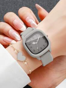 6pcs/Set Women's Silicone Watch With Square Dial, Fashion Casual Quartz Wristwatch + Heart-Shaped Bracelet (Watch Box Not Included) - Multicolor - View 4