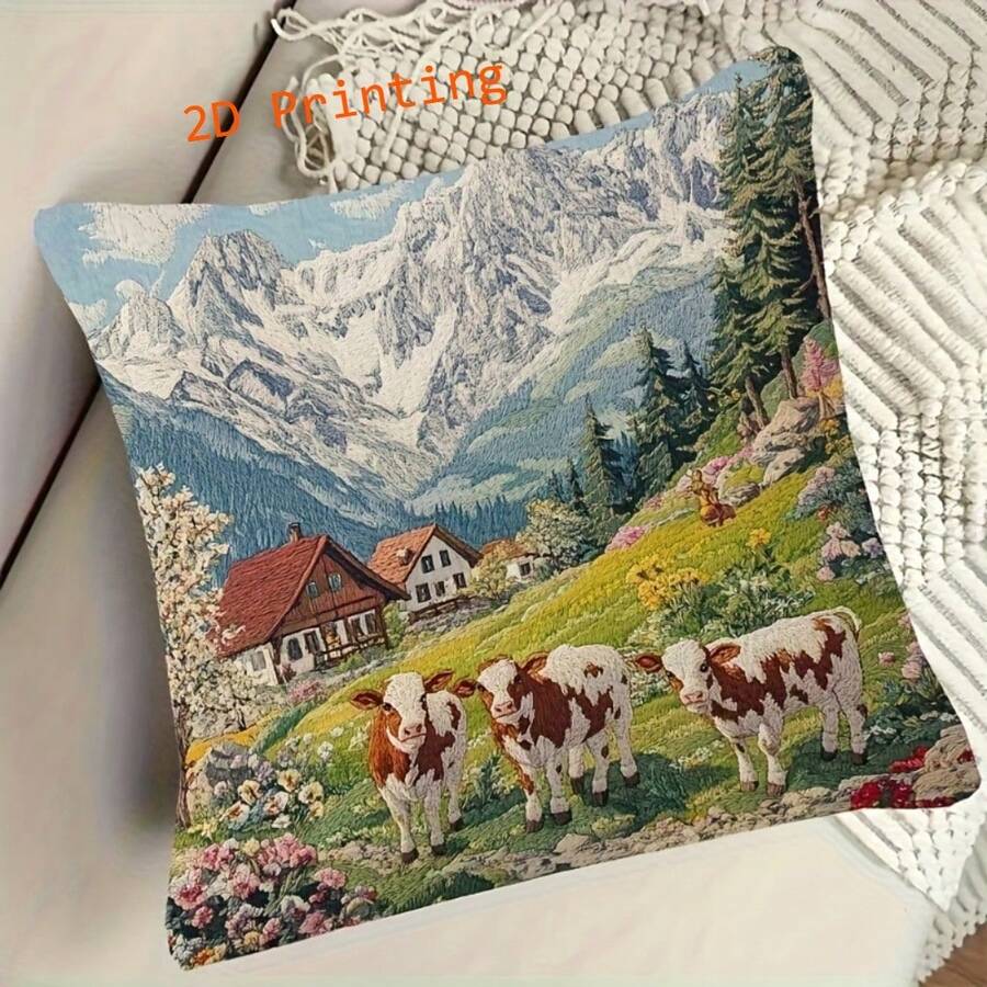 1pc 2D Retro Cow Ranch Spring Scene Pillow Cover, 18"X18" Soft Plush Cushion Cover, Single-Sided Printed, Suitable For Sofa And Home - Green - View 1