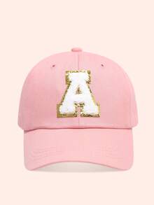 1pc Pink Children's Hat With 26 Letters, Toddler Baseball Cap, Boys & Girls Sun Hat, Suitable For Outdoor Activities And Daily Wear, UV Protection - Gold Label - Pink Fabric Baseball Cap - View 84