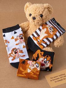 Noctvar OBM Sleepwear X LOONEY TUNES 5双装卡通怪兽嘴巴图案男士休闲船袜，可爱怪兽设计，时尚兔子图案，透气吸湿，适合学生/成人，可作礼物和日常穿着，男女通用 - 彩色 - 查看 4