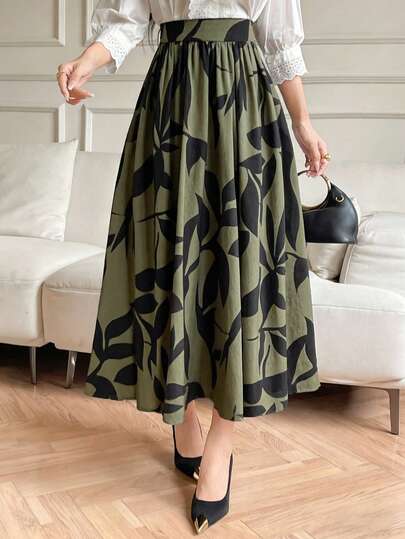 Plus Size Printed Casual Vacation Skirt With Elastic Waist And Pockets, Suitable For Daily Casual And Vacation Wear Spring