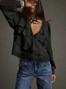 优雅复古V领灯笼袖纯色雪纺荷叶边铆钉装饰上衣，适合度假、日常穿着、晚宴约会、春夏穿着，黑色 - 黑色 - 查看 10