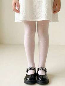 2pcs Baby/Toddler Girls' Heart Pattern Tights, Breathable, Stretchy, Thin, Suitable For All Seasons - White - View 2