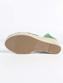 Women's Linen Rope Platform Lace Slip-On Hollow Out Round Toe Casual Breathable Thick Bottom High Heel Woven Sandals, Versatile Fisherman Sandals - Green - View 10