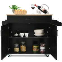COSTWAY Kitchen Island Cart, Rolling Storage Trolley Cart With Lockable Rubber Casters, Large Cabinet, Drawer, Spice Rack And Towel Rack, Kitchen Serving Utility, 3-Position Adjustable Shelf, Black - Black - View 4