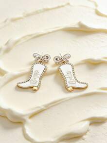 1 Pair Fashion Metal Enamel Bow Rhinestone Letter Cowboy Boot Earrings, Unique Western Style, Suitable For Valentine's Day & Wedding Season - Bowknot Diamond Letter Boot Earrings - View 2
