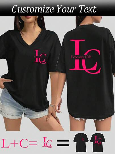 Top de mujer con cuello en V personalizado, nueva combinación de letras de pareja, agrega mes y fecha, se puede personalizar cualquier texto, combinación de letras familiares, combinación de mejores amigos, se puede personalizar cualquier letra