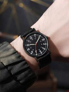 Bộ 4 đồng hồ nam thạch anh tối giản, kiểu dáng thường ngày, bao gồm đồng hồ vỏ đen mặt số nhiều màu, vạch chỉ giờ số Ả Rập, dây đeo nylon đen/xanh lá/nâu/xanh dương. - Nhiều màu - Xem 4