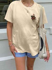 大码女式夏季休闲印花T恤，圆领短袖简约百搭上衣，复古拼接T恤，复古纹身图案T恤，复古牛仔设计 - 卡其色 - 查看 7