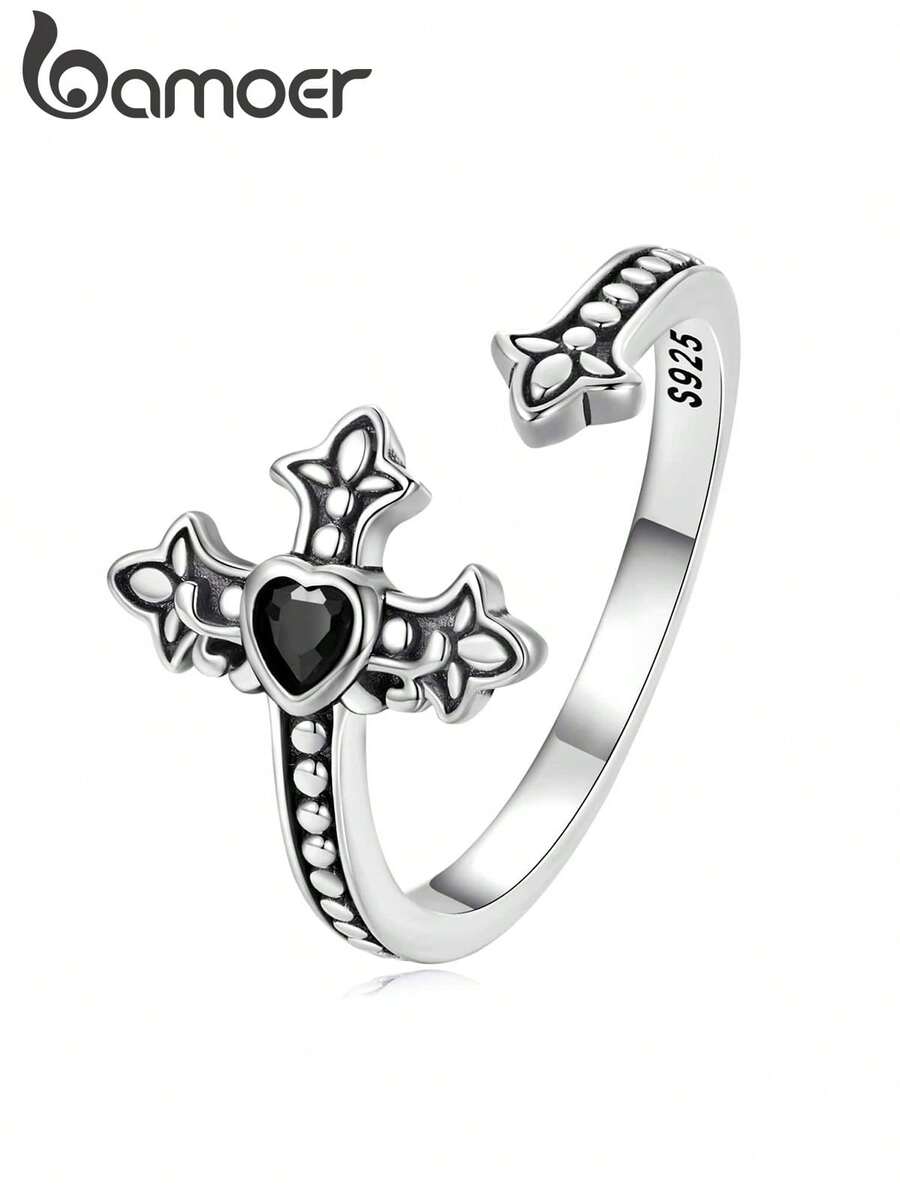 Nhẫn hình thánh giá BAMOER, bạc sterling 925, đá Zirconia đen, kiểu dáng cổ điển, nhẫn hở, trang sức cá nhân hóa dành cho nữ BSR298 - Bạc - Xem 1
