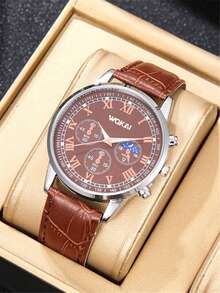 3pcs High-End Business Men's Gift Set: Brown Strap Quartz Watch (Black Dial, Roman Numerals, Date Display, Rhinestones), Brown Rosary Beads + Brown PU Leather Wallet, Fashionable For Daily And Business Wear, Perfect Birthday/Anniversary/Christmas Gift - Brown - View 3
