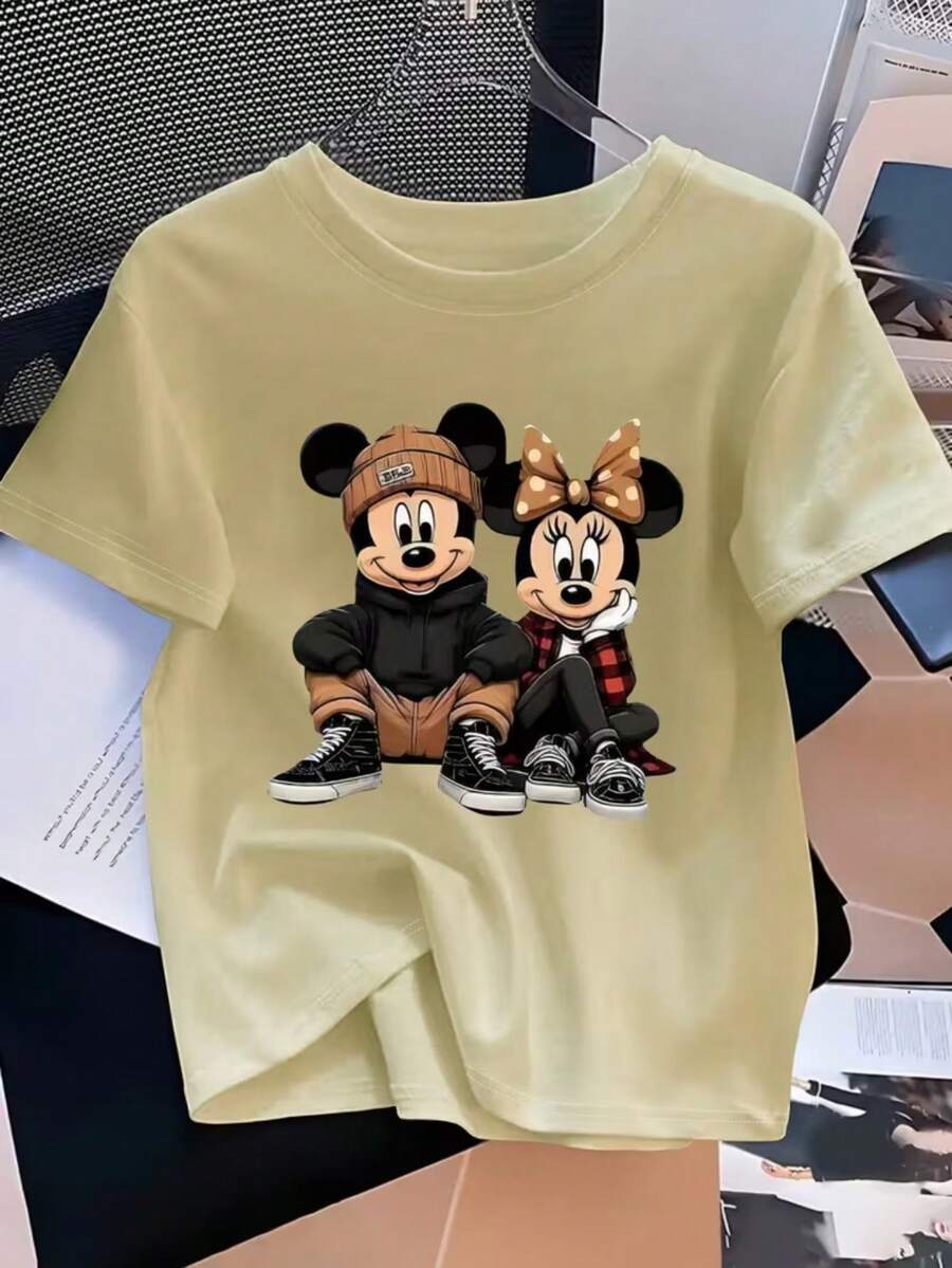 Disney-Mickey Minnie Printed Short-Sleeved T-Shirt Sitting Side By Side With Chin Smile Pattern - 杏色 - 查看 1