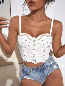 Latin American Retro Elegant Strapless 3D Floral Embroidery Five-Pointed Star Outerwear Bra Top, Women's Camisole And Tank Top Casual White Summer - White - View 2