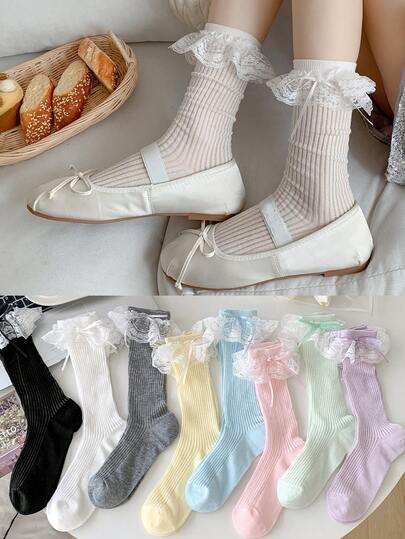 1双女士彩色中筒袜，春夏网眼蕾丝蝴蝶结洛丽塔风格舒适透气中筒袜