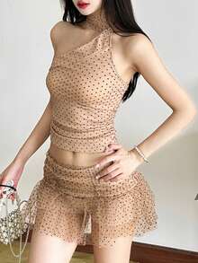 Top Dazzle Women Sexy Party Halter Polka Dot Mesh Two Pieces Outfit With Slight Stretch Fabric Vacation Carnivals - Khaki - View 3