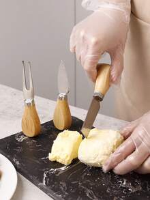 3pcs Stainless Steel Cheese Knife And Fork Set, Wooden Handle Cheese, Butter, Pizza, Cake Cutting Tools, Christmas/Halloween Gifts - Multicolor - View 3