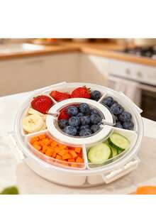 1pc Rotating Fruit/Snack Tray With Lid And Handle, Divided Vegetable Plate, Portable Kitchen Party Travel Picnic Use, Stackable Snack Box Container, Round Plastic Rotating Snack Plate With Cover, Suitable For Home, Party, Wedding - View 12