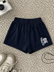Quần short màu xám họa tiết hoa cho bé gái, có thêu số tương phản, phù hợp cho mọi mùa, phong cách đường phố, thể thao thường ngày (JH25059) - Màu xanh hải quân - Xem 7