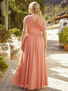 EVERPRETTY Đầm phù dâu cỡ lớn bằng vải chiffon, cổ bất đối xứng, thanh lịch, thích hợp cho khách dự đám cưới mùa xuân/hè hoặc tiệc tùng. - Màu Hồng  San hô - Xem 7