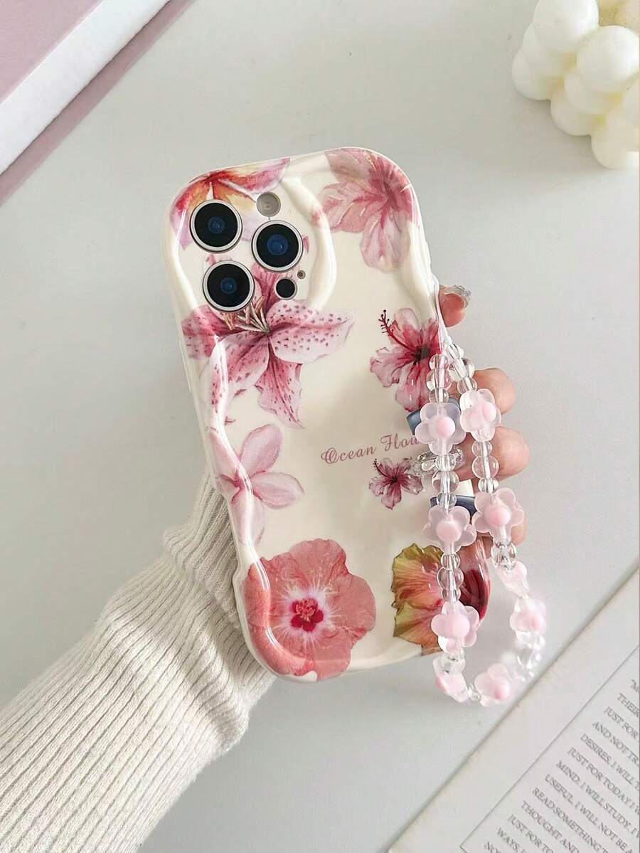 花朵奶油色纹理波浪边花卉彩绘防摔手机壳，配串珠手链配件，兼容 17 Pro/17 Air/17/17 Pro Max/16/11/16 Pro/16 Plus/16 Pro Max/16 e/15 Pro Max/13/14/12/XS/XR/7G/8P、Galaxy S25/S25 Plus/S25 Ultra/A16/A36/A26/A56/A50/A12/A32/A52/A72/A51/A21 S/A13/A14/S24/S24 Plus/S24 Ultra、S22/A52/A53/A54/A55/S23、11/12 Pro/12/12 X/13 Pro/14 Pro/15 Pro 等机型。 10/9/Note9/12c/Note11pro/Note8Pro，国际版，非国内版