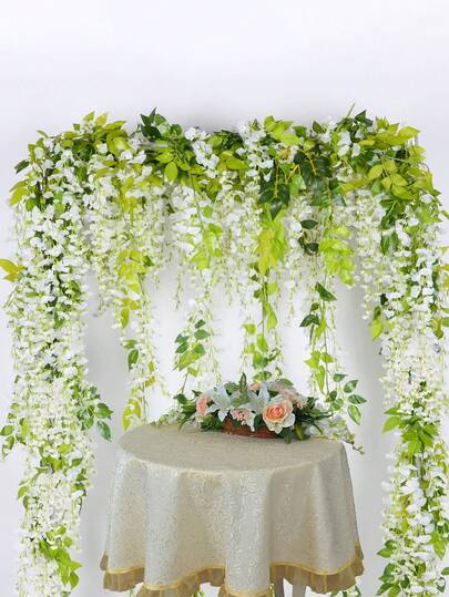 1pc Artificial Wisteria Hanging Flower Vine Realistic Faux White Floral Garland Greenery Wall Decor Romantic Wedding Backdrop Farmhouse Rustic Boho Aesthetic Home Decoration Bedroom Living Room Headboard Arch Party Event Bridal Shower Engagement Anniversary Holiday Celebration Photography Prop Indoor Outdoor Garden Fence Balcony Decorative Floral Arrangement Accent