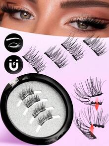Waloshow 2 Pairs Magnetic Fake Eyelashes, Single Magnet/2 Magnets 3D Style, Glue-Free Reusable, Easy To Apply - Black - View 2