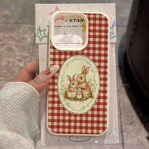 1pc TPU Material Plaid Cute Rabbit Soft & Fresh Pattern Phone Case Compatible With IPhone 17 Pro Max/17/16 Pro Max/15/13/12/11, S20 FE/A15/S24/A55,  Note 11/12/13 Pro, Full Coverage Anti-Drop Protective Covercover Cute Phone Case
