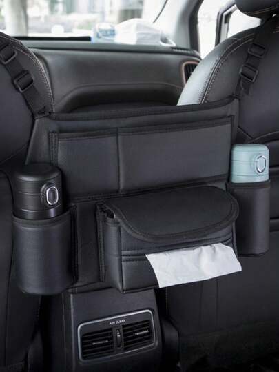 Premium Leather Car Seat Middle Storage Pocket – Multifunctional Front Seat Organizer With Raised Edges, Double-Sided Zipper Closure & Hook And Loop Fixing, Includes 2 Extra Pockets, Spacious Compartments For Snacks, Phone & Essentials, Large Capacity Design, Cloth & Water Bottle Pockets, Summer-Friendly