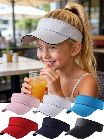 1顶男女通用户外运动遮阳帽，儿童夏季三明治式纯色镂空无檐遮阳帽，户外运动帽