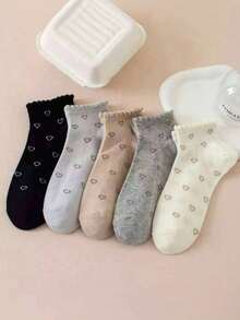 5/10 Pairs Sweet Heart Pattern Ruffle Trim Women's Ankle Socks, Lightweight Breathable Comfortable Casual Socks - Multicolor - View 2