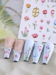 Bộ 8 miếng dán móng tay họa tiết hoa mùa xuân và mùa hè, họa tiết hoa nở trang nhã với viền vàng, phụ kiện trang trí móng tay tự dính, phong cách Nhật Bản. - Nhiều màu - Xem 6