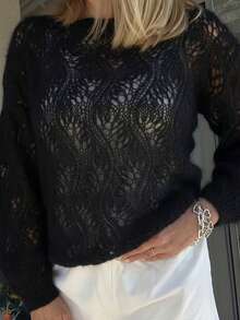 Áo dệt kim dài tay xuyên thấu khoét lỗ dành cho nữ, thích hợp cho hẹn hò, du lịch và mặc hàng ngày vào mùa xuân/hè. Màu đen. - màu đen - Xem 1