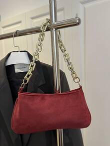 Gold Color Large Chain Soft Baguette Bag - Burgundy - View 5