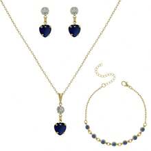 Women's Set: Bracelet, Chain, Pendant, And Heart Earrings, 18k Gold Plated Costume Jewelry - 寶藍色 - 查看 2