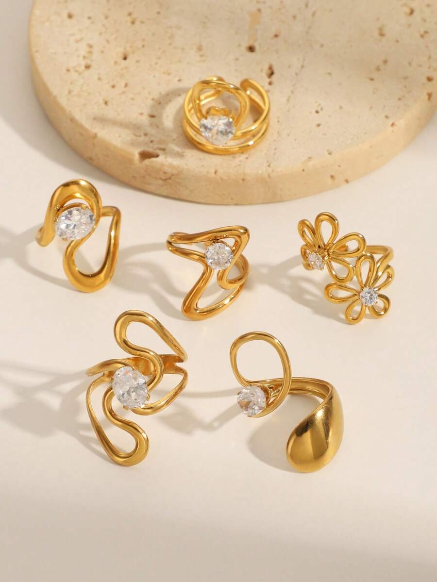 1pc Fashionable Luxury 18K Gold Plated Stainless Steel Asymmetric Cubic Zirconia Ring, Floral & Heart Geometric Design, Suitable For Stylish Women's Daily, Party, Birthday, Engagement Occasions - Gold - View 1