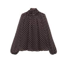 TRAFZA 女士复古波点印花休闲上衣，时尚蝴蝶结优雅宽松长袖通勤衬衫 - 棕色 - 查看 7