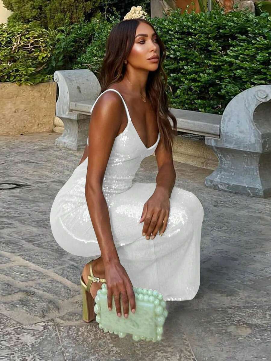Vestido de tirantes con lentejuelas y espalda descubierta para fiesta - Blanco - Ver 1